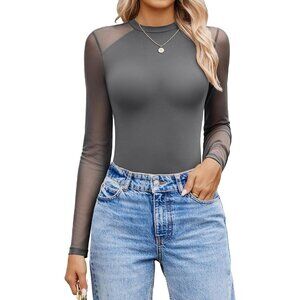 Women's Long Sleeve Bodysuit Dark Gray Crew Neck One Piece Shirt Leotards Tops